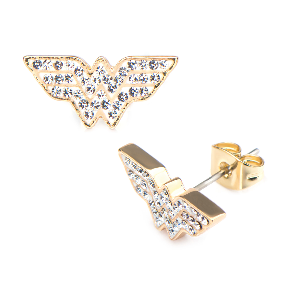 WONDER WOMAN Logo with Clear Gems and Steel Post Stud Earrings