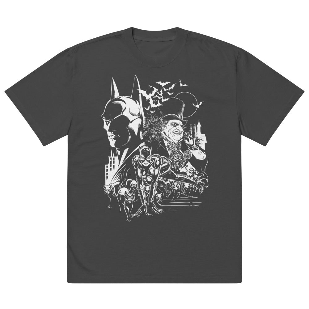 BATMAN RETURNS The Bat The Cat The Penguin Oversized Faded T