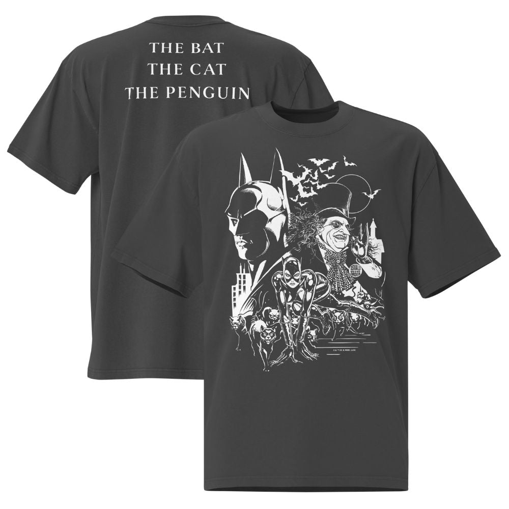 BATMAN RETURNS The Bat The Cat The Penguin Oversized Faded T